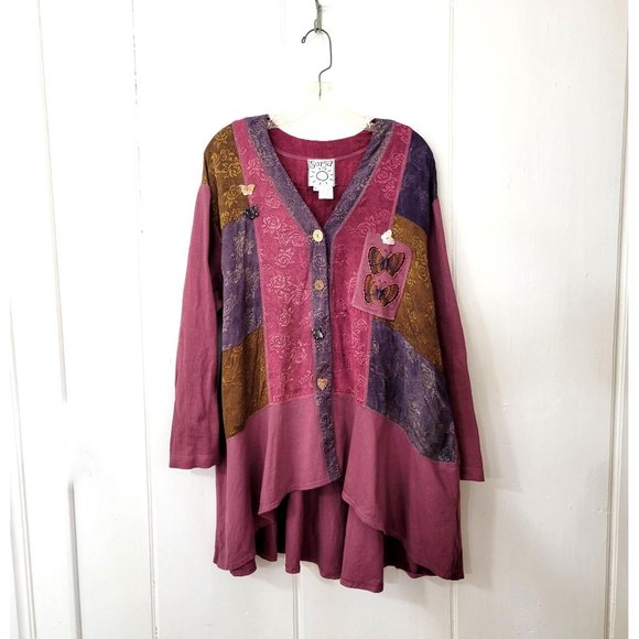 Surya Tops - Art to Wear Beaded Butterfly Patchwork Lagen Look Button Front Top